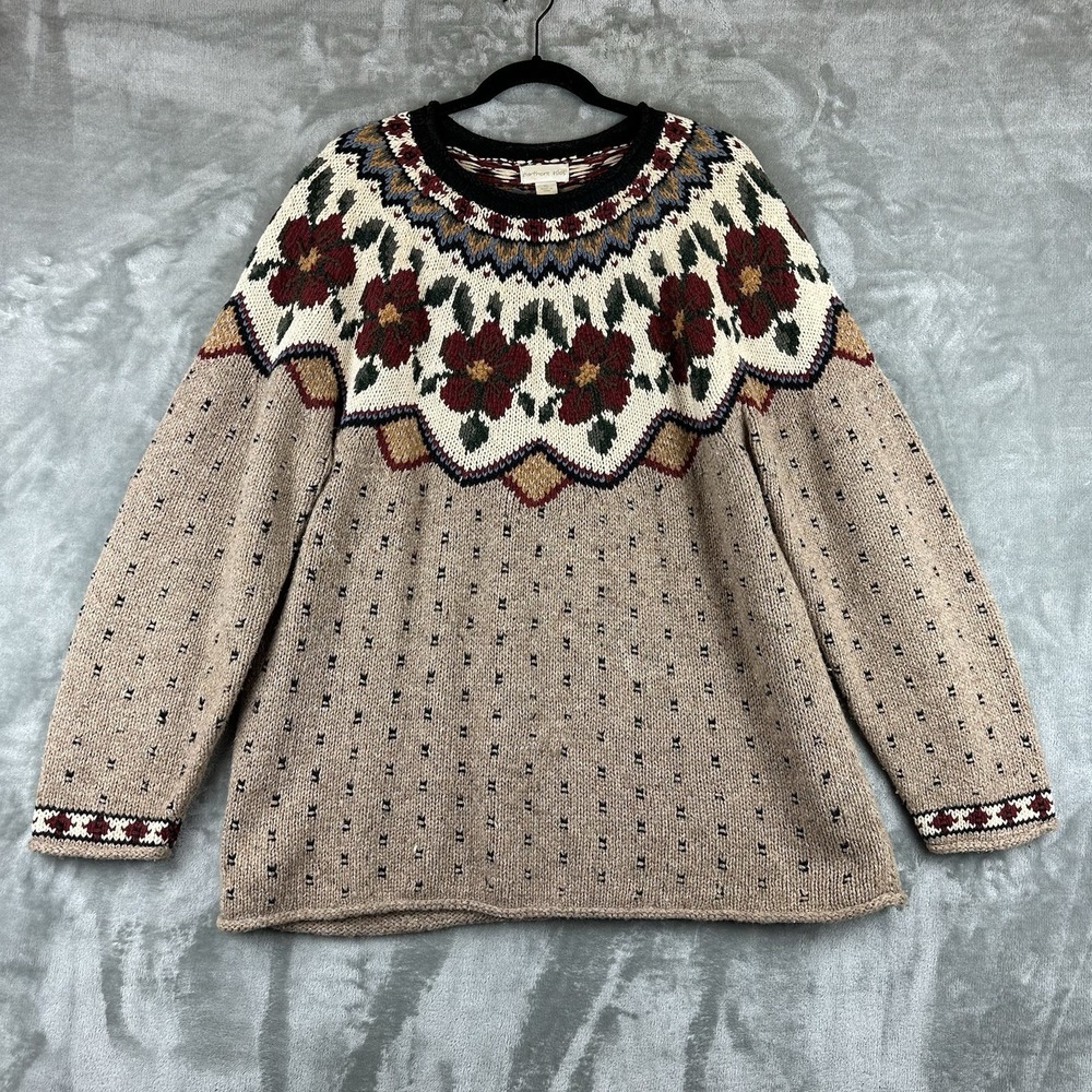 VTG Northern Isles Sweater Women's XL Floral Fair Isle Ramie Cotton Wool Blend